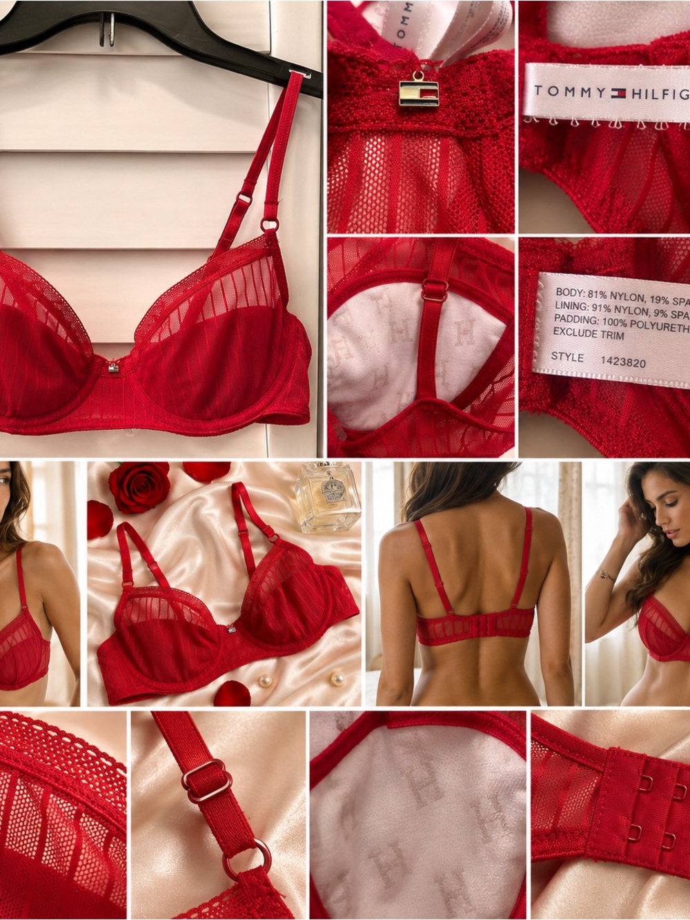 Tommy Hilfiger Bra 34B Red Sheer Mesh Unlined Underwire Balconette Logo Lingerie